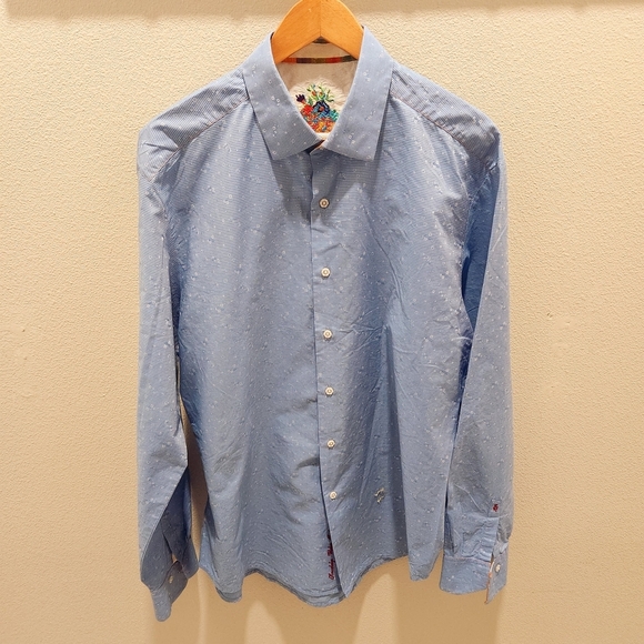 Robert Graham Men’s Shirt Blue XL Floral Allover Silk Embroidery XL Flip Cuffs - Picture 2 of 10